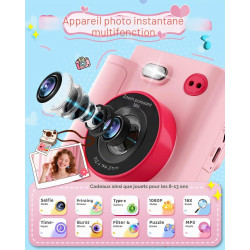 Appareil Photo Instantané Enfants, 1080P Appareil Photo Numérique Enfant & Caméra Vidéo avec Carte de 32GB & Papier d'impression
