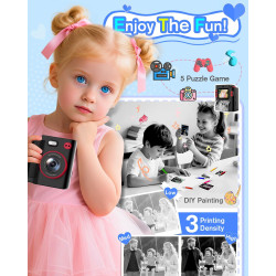 Appareil Photo Instantané Enfants, 1080P Appareil Photo Numérique Enfant & Caméra Vidéo avec Carte de 32GB & Papier d'impression