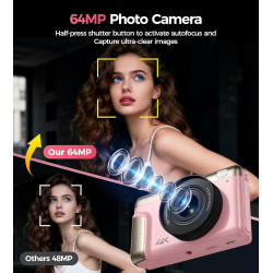 Appareil Photo Numérique 4K Digital: 64MP Appareil Photo Compact pour Vidéo avec Écran 3" Abattable 180° Digital Camera Zoom 16X