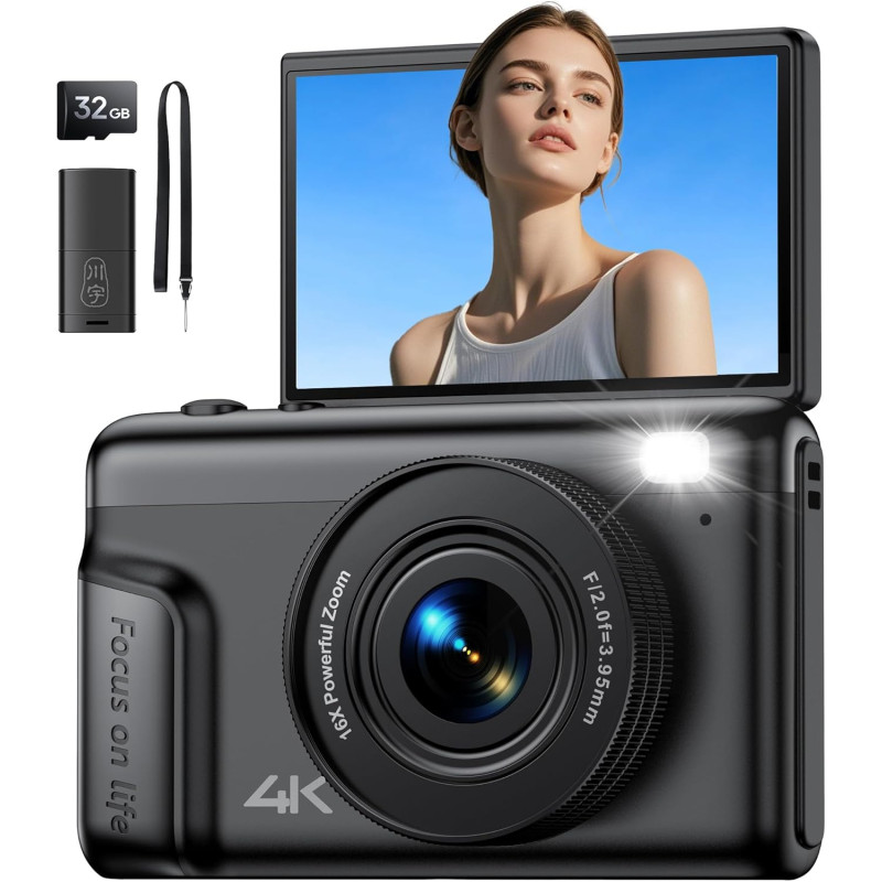 Appareil Photo Numérique 4K Digital: 64MP Appareil Photo Compact pour Vidéo avec Écran 3" Abattable 180° Digital Camera avec Zoo