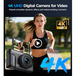 Appareil Photo Numérique 4K Digital: 64MP Appareil Photo Compact pour Vidéo avec Écran 3" Abattable 180° Digital Camera avec Zoo