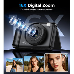 Appareil Photo Numérique 4K Digital: 64MP Appareil Photo Compact pour Vidéo avec Écran 3" Abattable 180° Digital Camera avec Zoo
