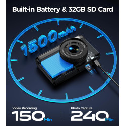 Appareil Photo Numérique 4K Digital: 64MP Appareil Photo Compact pour Vidéo avec Écran 3" Abattable 180° Digital Camera avec Zoo