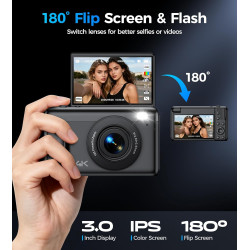 Appareil Photo Numérique 4K Digital: 64MP Appareil Photo Compact pour Vidéo avec Écran 3" Abattable 180° Digital Camera avec Zoo