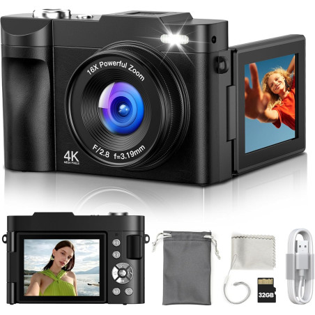 Appareil Photo Numérique 4K Digital: 50MP Appareils Numérique avec Écran Rabattable 180° - Camera pour Vlog avec Carte 32GB - po