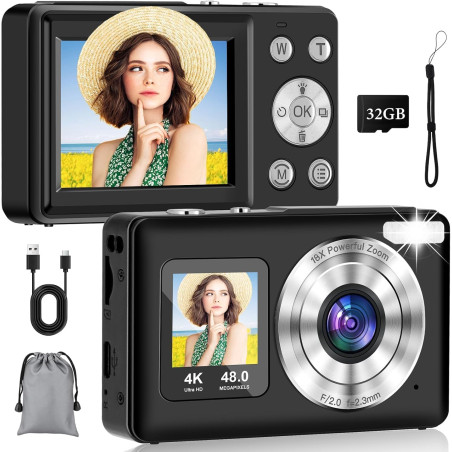 Appareil Photo Numérique avecà Double Écran - 48MP HD 4k Digital Caméra, Appareil Photo Compact Portable avec Zoom Numérique 18X