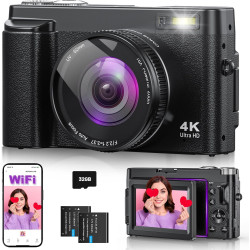 Appareil Photo numérique 4K 64MP avec WiFi écran Rabattable 180 degrés Zoom numérique 16x Double Batterie Carte SD 32 Go Chargeu