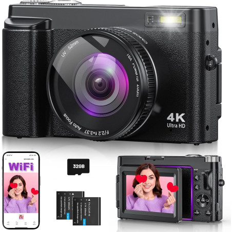 Appareil Photo numérique 4K 64MP avec WiFi écran Rabattable 180 degrés Zoom numérique 16x Double Batterie Carte SD 32 Go Chargeu