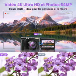 Appareil Photo numérique 4K 64MP avec WiFi écran Rabattable 180 degrés Zoom numérique 16x Double Batterie Carte SD 32 Go Chargeu