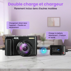 Appareil Photo numérique 4K 64MP avec WiFi écran Rabattable 180 degrés Zoom numérique 16x Double Batterie Carte SD 32 Go Chargeu