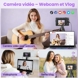 Appareil Photo numérique 4K 64MP avec WiFi écran Rabattable 180 degrés Zoom numérique 16x Double Batterie Carte SD 32 Go Chargeu
