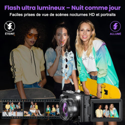 Appareil Photo numérique 4K 64MP avec WiFi écran Rabattable 180 degrés Zoom numérique 16x Double Batterie Carte SD 32 Go Chargeu