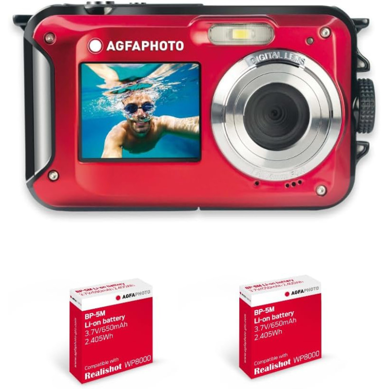 AgfaPhoto Realishot WP8000 - Appareil Photo Numérique Compact étanche - 2 Batteries + Dragonne Flottante Incluse- Rouge