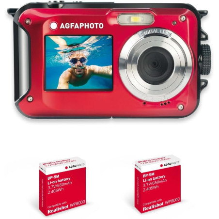 AgfaPhoto Realishot WP8000 - Appareil Photo Numérique Compact étanche - 2 Batteries + Dragonne Flottante Incluse- Rouge