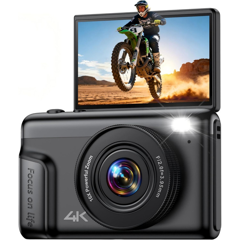 4K Appareil Photo Numérique Compact: 64MP Digital Camera avec 16X Zoom IPS Écran Rabattable Camescope - Cadeau pour Débutants En