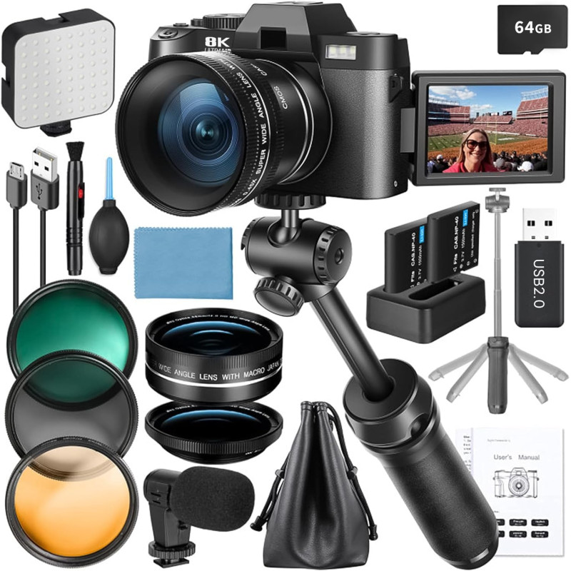 8K Appareils Photo numériques pour la Photographie, 64MP pour Vlogging Youtube avec poignée de Microphone et de trépied, caméra 