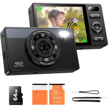 64Go Appareil Photo Numérique Enfant: 48MP Caméra Anti-secousse Photographie Vlogging Caméra pour Youtube 16X Zoom Numérique Pho