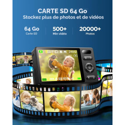 64Go Appareil Photo Numérique Enfant: 48MP Caméra Anti-secousse Photographie Vlogging Caméra pour Youtube 16X Zoom Numérique Pho