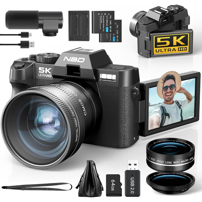 NBD 5K 64MP Appareil Photo numérique avec autofocus, Zoom numérique 16x, Écran IPS 3" 180°, WiFi + Lentille Grand Angle/Macro + 