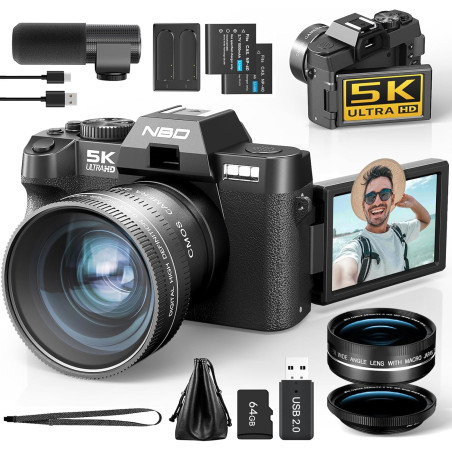NBD 5K 64MP Appareil Photo numérique avec autofocus, Zoom numérique 16x, Écran IPS 3" 180°, WiFi + Lentille Grand Angle/Macro + 