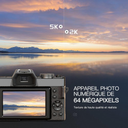 NBD 5K 64MP Appareil Photo numérique avec autofocus, Zoom numérique 16x, Écran IPS 3" 180°, WiFi + Lentille Grand Angle/Macro + 