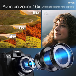 NBD 5K 64MP Appareil Photo numérique avec autofocus, Zoom numérique 16x, Écran IPS 3" 180°, WiFi + Lentille Grand Angle/Macro + 