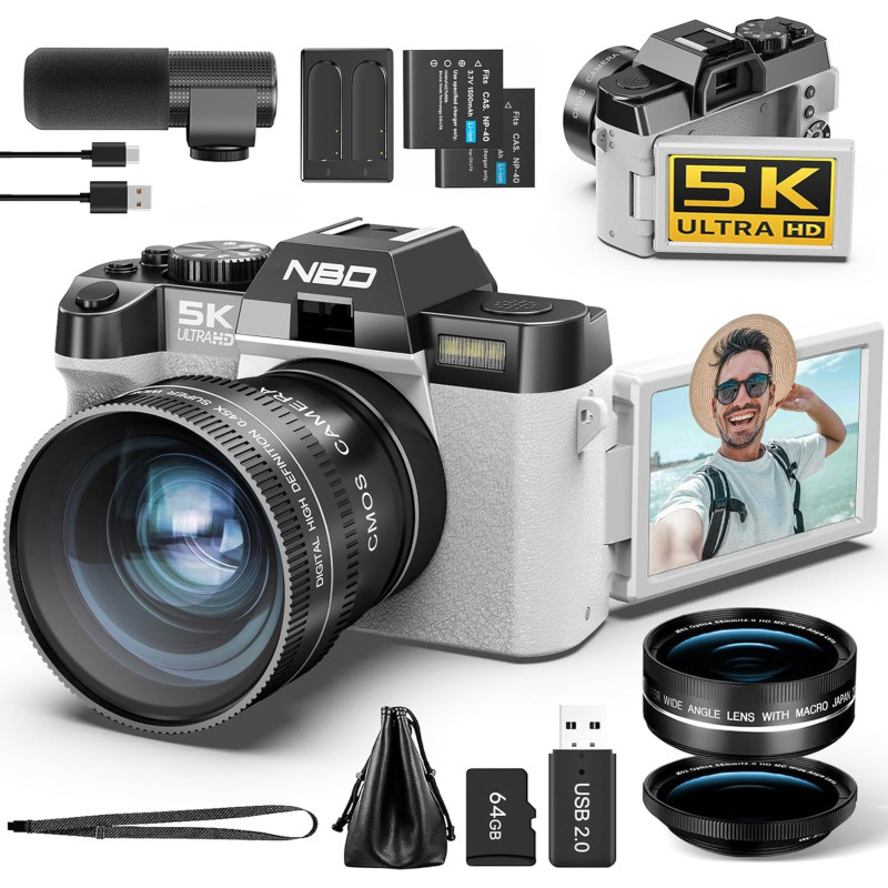 NBD 5K 64MP Appareil Photo numérique avec autofocus, Zoom numérique 16x, Écran IPS 3" 180°, WiFi + Lentille Grand Angle/Macro + 
