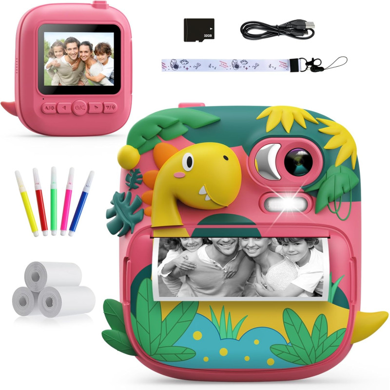 CAMCLID Appareil Photo Instantané Enfants, 12MP/1080P Appareils Photo Numérique Enfants avec Carte 32G et 3 Rouleaux de Papier, 