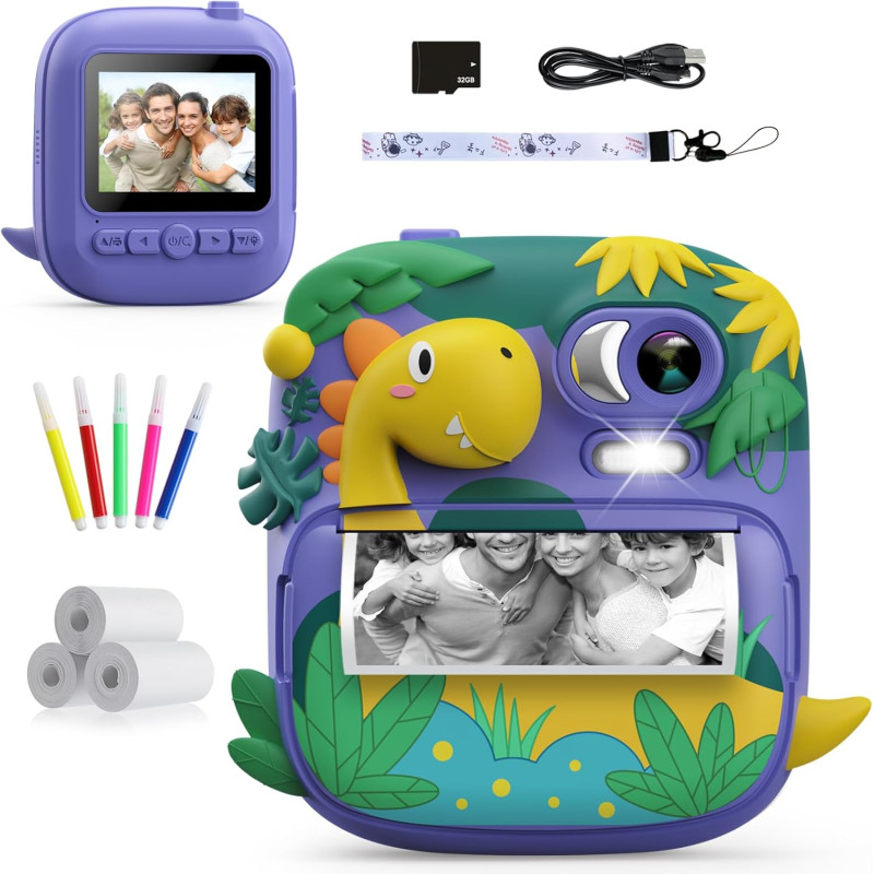 CAMCLID Appareil Photo Instantané Enfants, 12MP/1080P Appareils Photo Numérique Enfants avec Carte 32G et 3 Rouleaux de Papier, 