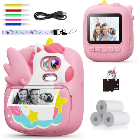 Appareil Photo Instantané Enfants, CAMCLID 2,4" Écran Appareil Photo Numérique Enfant avec Carte TF 32GB et Papier Photo Imprimé