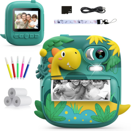 CAMCLID Appareil Photo Instantané Enfants, 12MP/1080P Appareils Photo Numérique Enfants avec Carte 32G et 3 Rouleaux de Papier, 