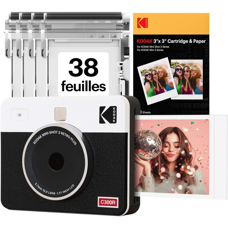 Kodak Mini Shot 3 Retro Cadeau Noel, Appareil Photo Instantané Vintage avec Imprimante Photo Portable, 76x76 mm, Technologie 4Pa