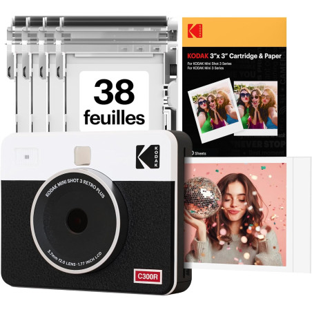 Kodak Mini Shot 3 Retro Cadeau Noel, Appareil Photo Instantané Vintage avec Imprimante Photo Portable, 76x76 mm, Technologie 4Pa