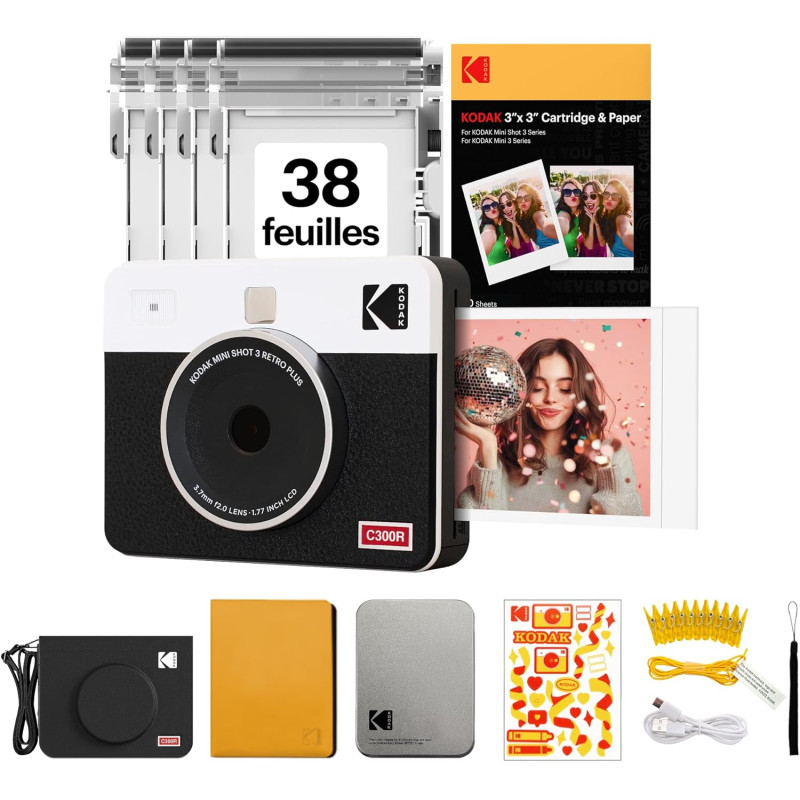 KODAK Mini Shot 3 Retro Cadeau Noel 4PASS 2-in-1 Appareil Photo Instantané et Imprimante Photo Portable (7,6x7,6cm) + Paquet Cad