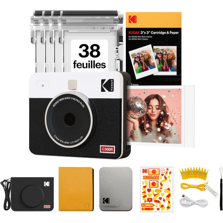 KODAK Mini Shot 3 Retro Cadeau Noel 4PASS 2-in-1 Appareil Photo Instantané et Imprimante Photo Portable (7,6x7,6cm) + Paquet Cad