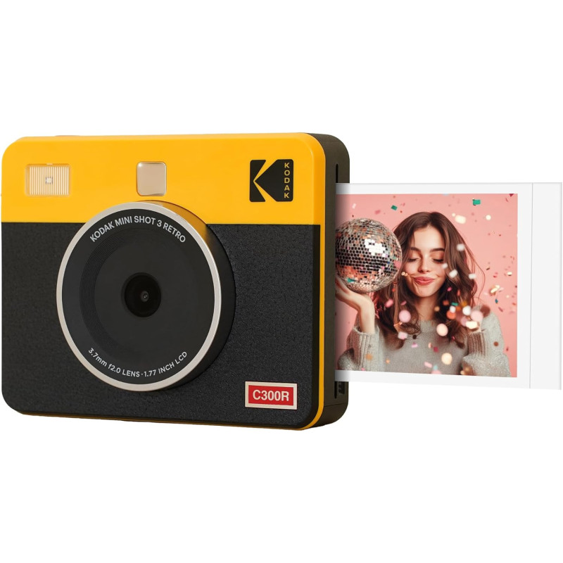 KODAK Mini Shot 3 Retro 4PASS 2-in-1 Appareil Photo Instantané and Imprimante Photo Portable (7,6x7,6cm) + 8 Feuilles, Jaune