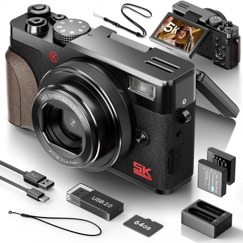 NBD Appareil Photo Numérique 5K 64MP avec Autofocus, Zoom Numérique 18x, Écran IPS 3" Orientable 180°, Design Rétro Élégant, Car