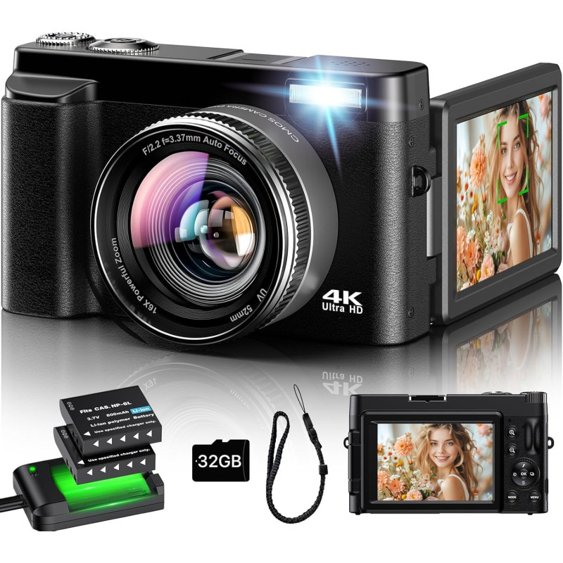 Appareil Photo Numérique 4K, Appareil Photo Compact 48MP 16X Digital Zoom à Écran Rabattable à 180° Avec Autofocus, Flash, Stati