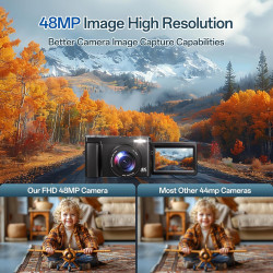 Appareil Photo Numérique 4K, Appareil Photo Compact 48MP 16X Digital Zoom à Écran Rabattable à 180° Avec Autofocus, Flash, Stati