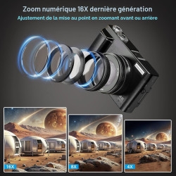 Appareil Photo Numérique 4K, Appareil Photo Compact 48MP 16X Digital Zoom à Écran Rabattable à 180° Avec Autofocus, Flash, Stati