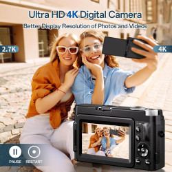 Appareil Photo Numérique 4K, Appareil Photo Compact 48MP 16X Digital Zoom à Écran Rabattable à 180° Avec Autofocus, Flash, Stati