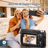 Appareil Photo Numérique 4K, Appareil Photo Compact 48MP 16X Digital Zoom à Écran Rabattable à 180° Avec Autofocus, Flash, Stati