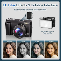 Appareil Photo Numérique 4K, Appareil Photo Compact 48MP 16X Digital Zoom à Écran Rabattable à 180° Avec Autofocus, Flash, Stati