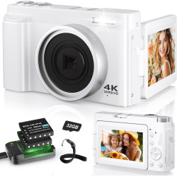 Appareil Photo Numérique 4K, Appareil Photo Compact 48MP 16X Digital Zoom à Écran Rabattable à 180° Avec Autofocus, Flash, Stati