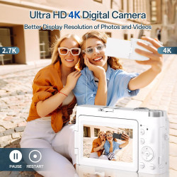 Appareil Photo Numérique 4K, Appareil Photo Compact 48MP 16X Digital Zoom à Écran Rabattable à 180° Avec Autofocus, Flash, Stati