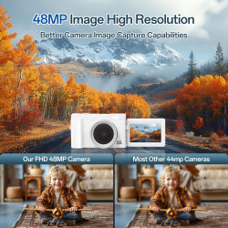 Appareil Photo Numérique 4K, Appareil Photo Compact 48MP 16X Digital Zoom à Écran Rabattable à 180° Avec Autofocus, Flash, Stati