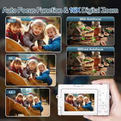 Appareil Photo Numérique 4K, Appareil Photo Compact 48MP 16X Digital Zoom à Écran Rabattable à 180° Avec Autofocus, Flash, Stati