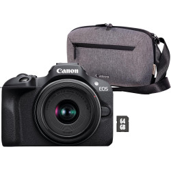 Canon EOS R100 Plus Objectif RF-S 18-45 mm F4.5-6.3 is STM Plus Sacoche pour Appareil Photo Plus Carte SD 64 Go (Appareil Photo 