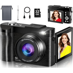 Appareil Photo Numérique, 4K 50MP Appareil Photo Compact avec Écran Rabattable 180° Caméra de Vlogging avec Carte 32GB, Zoom Num