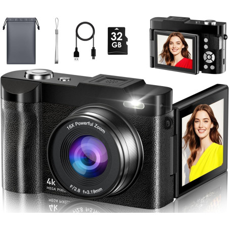 Appareil Photo Numérique, 4K 50MP Appareil Photo Compact avec Écran Rabattable 180° Caméra de Vlogging avec Carte 32GB, Zoom Num